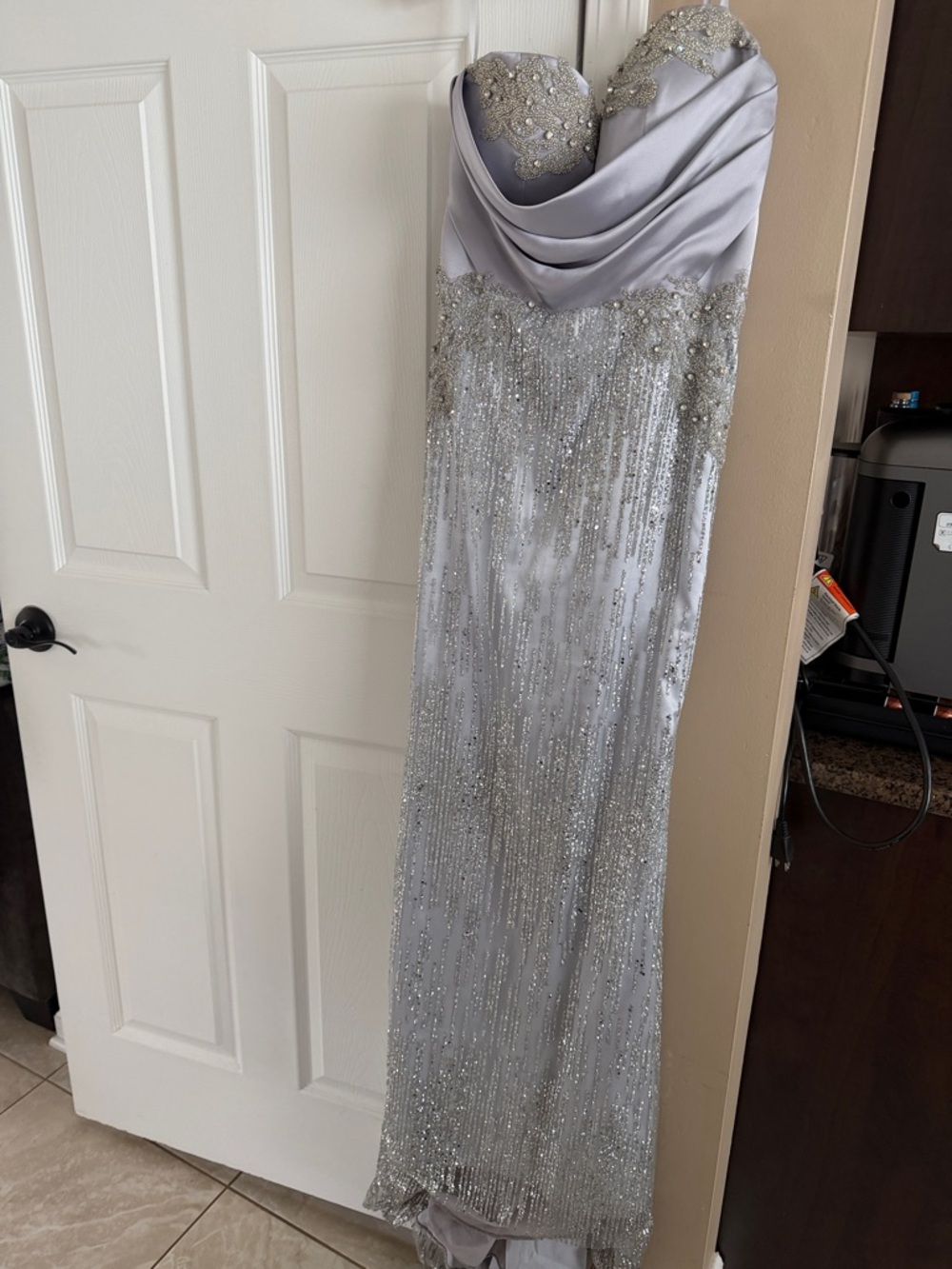 Portia and Scarlett Silver Beaded Strapless Evening Dress